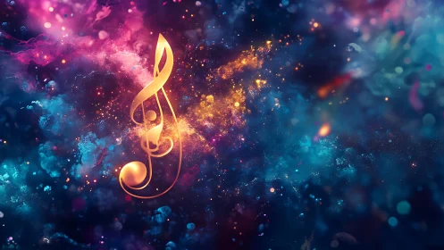 Golden treble clef symbol within abstract cosmic nebula.