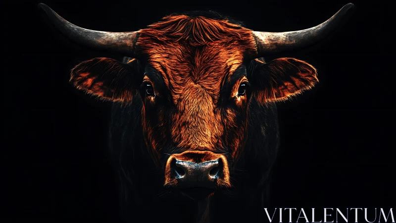Strong horned bull portrait on black background.