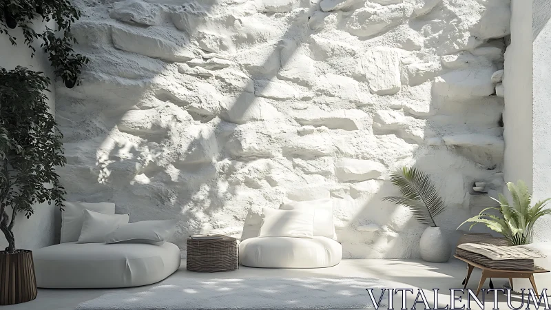 Minimalist sunlit lounge against textured white stone wall.