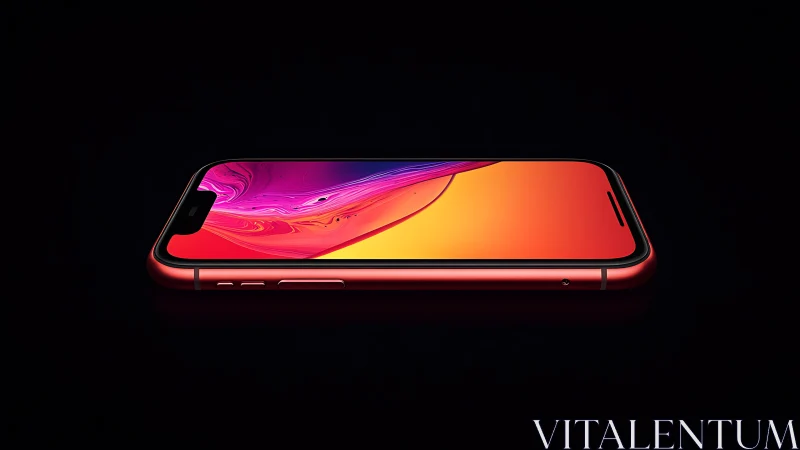 Red Smartphone with Fluid Gradient Wallpaper Display.