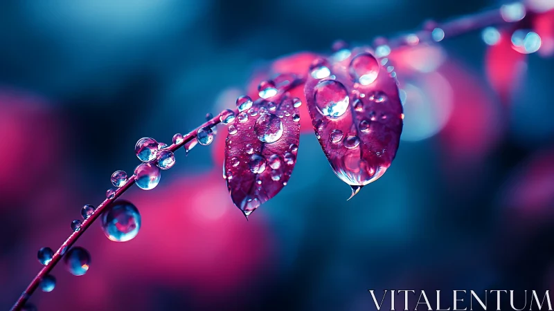 Macro raindrops cling to neon pink leaves in bokeh glow.