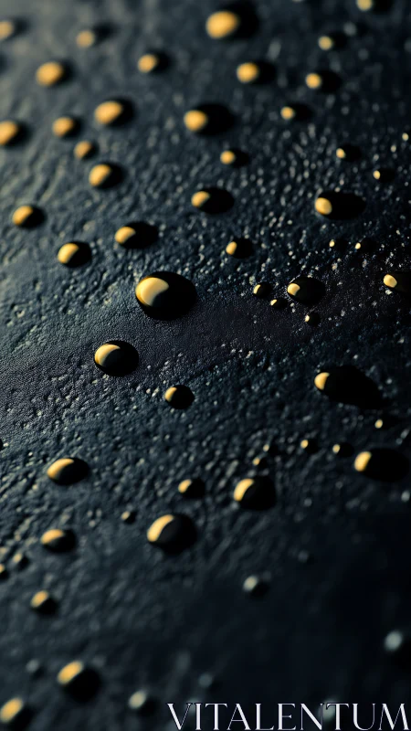 Golden droplets scatter across dark textured surface in macro