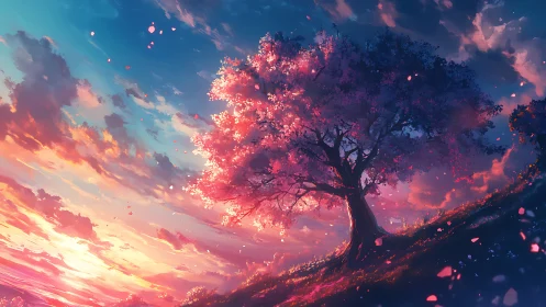 Solitary blossom tree stands on hillside under vivid sunset