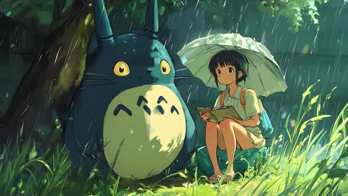 Girl sits under umbrella beside large creature in rain