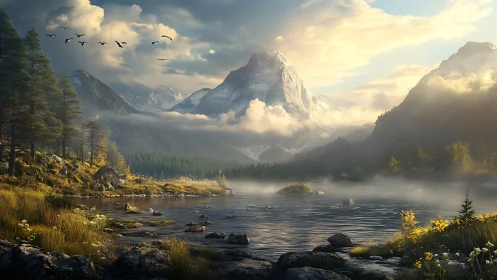 Sunlit alpine lake mirrors misty snowcapped mountain peak.