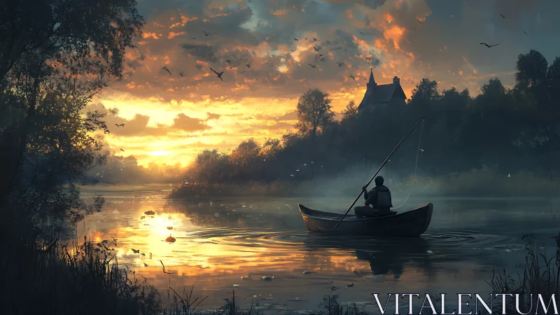 Quiet river fishing at sunset beside a storybook cottage.