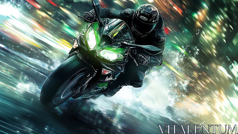 Neon storm rider carving wet city lights at warp speed.