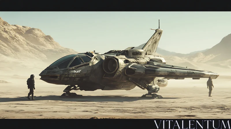 Dust-scarred starship idling on a pale desert frontier.