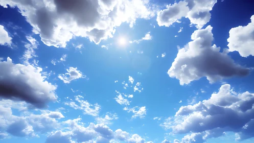 Sunlit cumulus cloudscape under deep saturated blue sky.