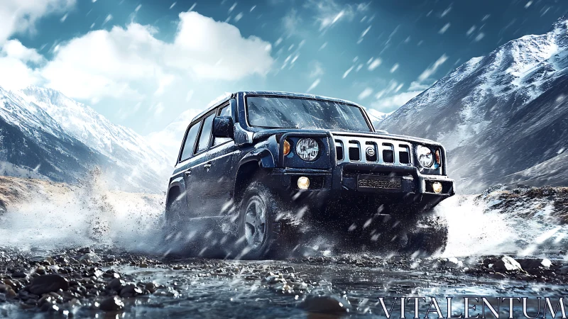 Storm-chasing SUV roars through icy mountain river spray.