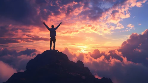 Silhouette on mountain peak under expansive sunset sky.