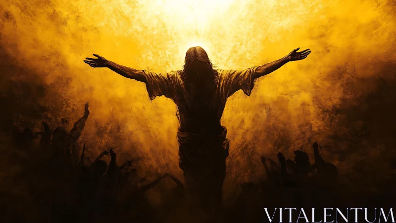 Radiant robed figure spreads arms in blazing golden light.