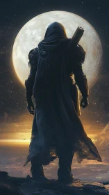 Lone cloaked space wanderer silhouetted before lunar halo.