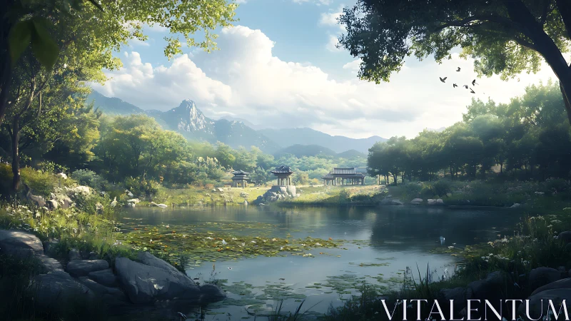 Serene lakeside pavilions under distant mountain range.