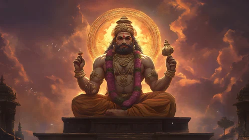 Deity-like figure rendered with volumetric lighting and ornate halo