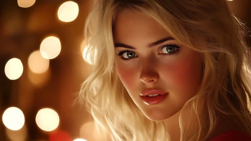 Blonde woman close-up portrait with warm bokeh lights.