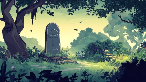 Sunlit graveyard glade where quiet moss hums over memory.