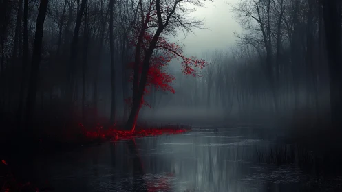 Solitary crimson tree punctuates a mist-laden twilight marsh