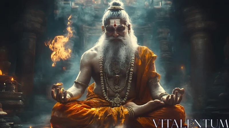 Ascetic fire yogi in temple chamber with volumetric light.