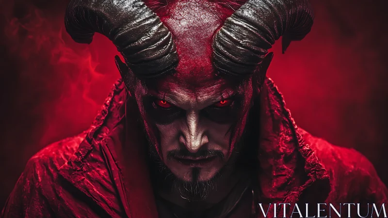 Fiery horned demon gazes forward with intense burning eyes