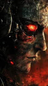 Cybernetic war-torn portrait with molten ember eye glow.
