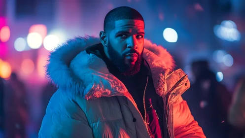 Urban portrait in neon bokeh with cinematic split lighting.