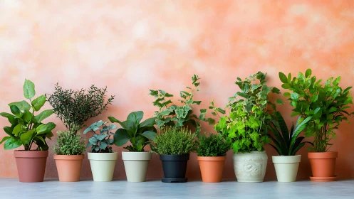 Row of potted indoor plants against textured peach wall