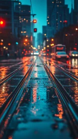 Rain-soaked city tram tracks with neon bokeh reflections.