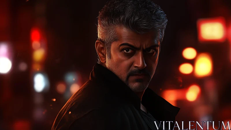 Storm-eyed vigilante stalks neon-scorched midnight streets.