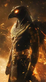 Falcon-headed armored figure amid glowing ember field.