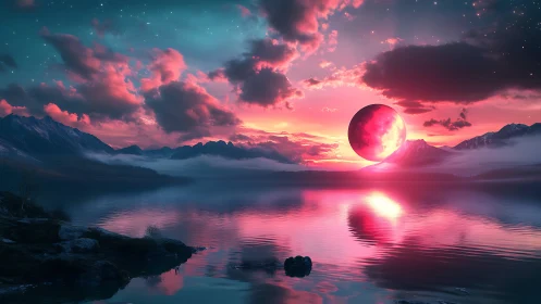 Dreamlike crimson moon rising over tranquil mountain lake.