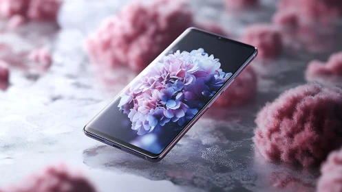 High-reflective smartphone rendering with floral OLED display on frosted surface