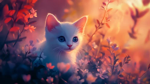 White Cat with Luminous Eyes Surrounded by Warm Floral Glow