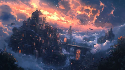 Vast tiered city rising above dense clouds at sunset.