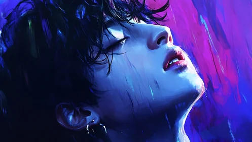 Neon rain on a dreaming face caught between night hues.