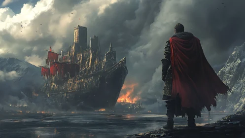 Armored figure observing fortified shipborne fortress at bay.