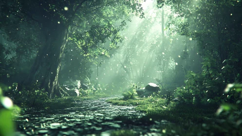 Enchanted Forest Path with Sunlight and Particles.