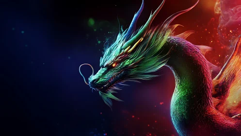 Radiant cosmic dragon coiled in swirling neon firelight.