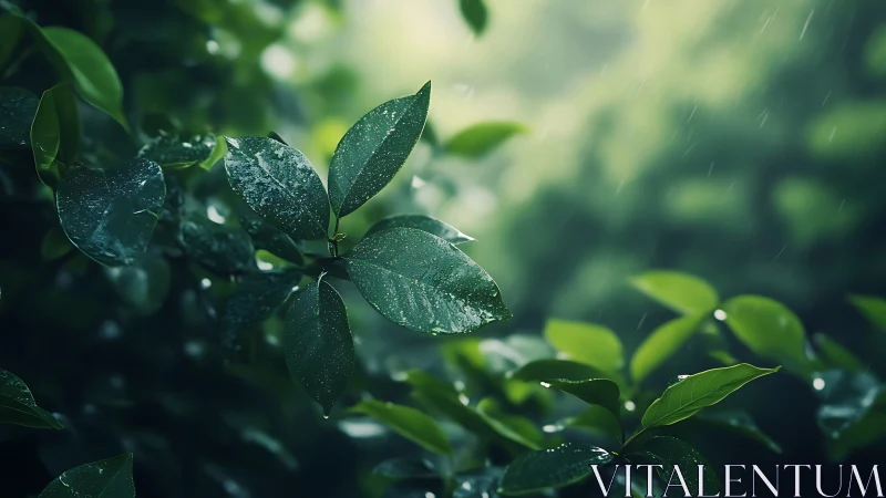 Rain-kissed green leaves shimmer softly in tranquil light