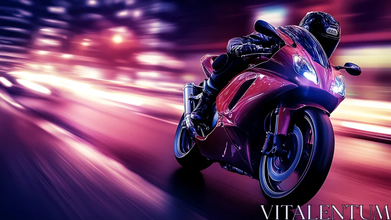 Red superbike slices through neon city streets at speed.