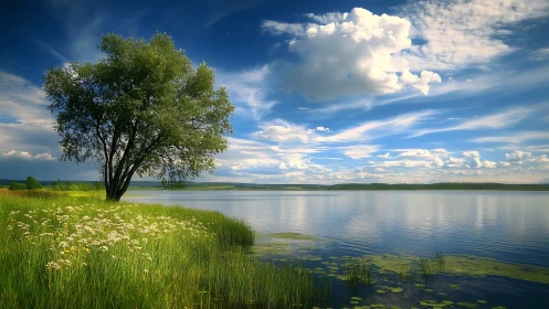 Photorealistic lakeside tree with expansive cloud-rich sky.