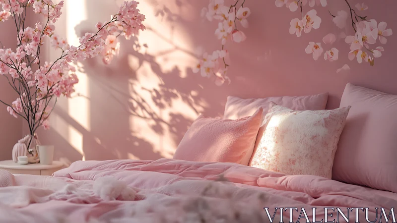 Soft pink bedroom glows with cherry blossom morning light