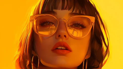 Sunlit gaze beneath oversized glasses and golden glow.