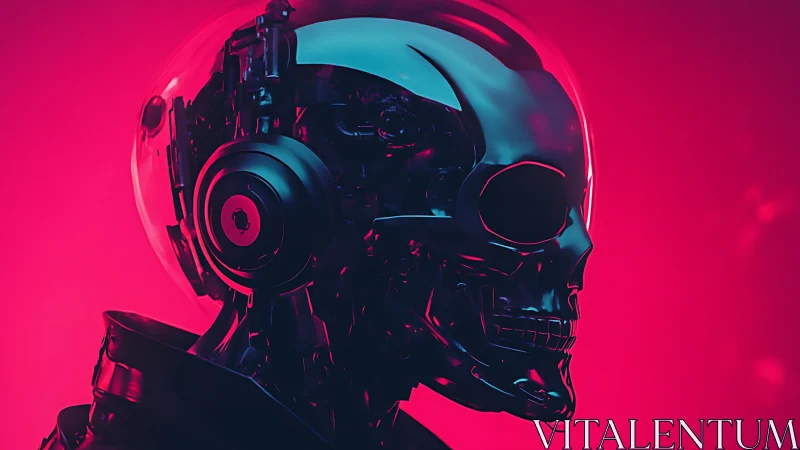 Neon chrome skull android listening through electric silence.