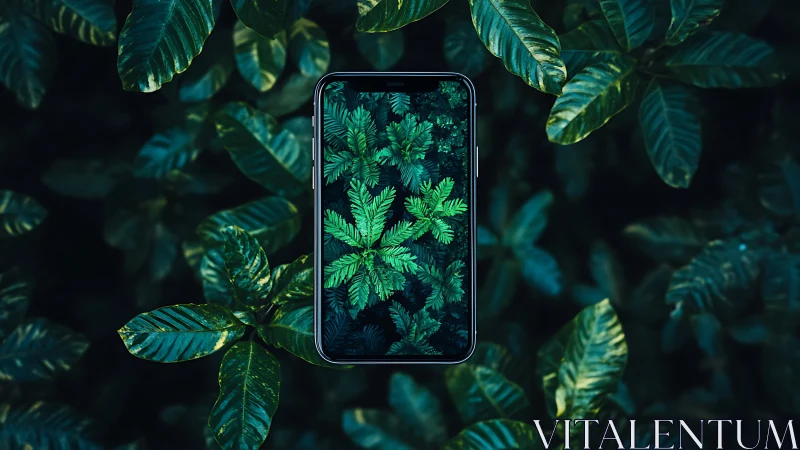 Smartphone with leaf pattern display amid dense green foliage.