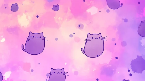 Cute Purple Cats Floating in Dreamy Pink Pastel Clouds