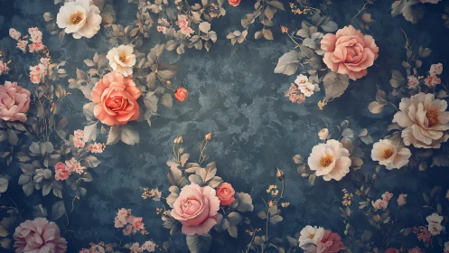 Midnight garden roses drifting across weathered teal sky.