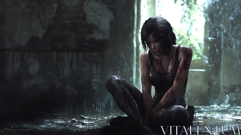 Wounded survivor rests in abandoned rain‑soaked ruin