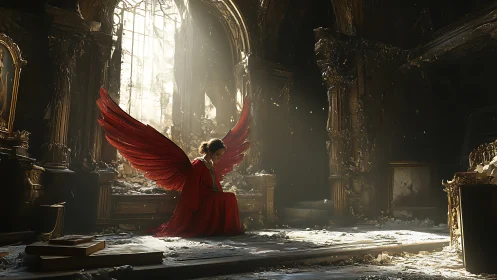 Red-winged angel in decayed cathedral under volumetric light shafts