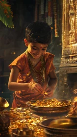 Temple-lit child counting coins in a river of gold.